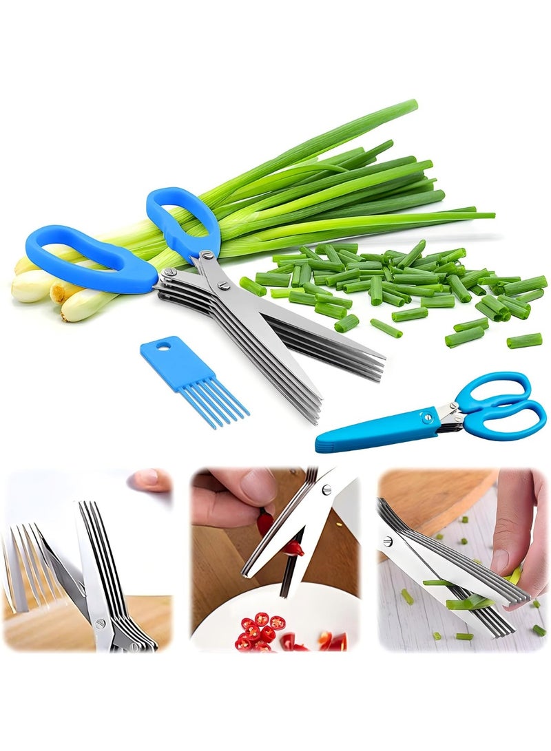 Kitchen herb scissors, multi-functional five-blade kitchen scissors, scallion scissors, seaweed spice herb kitchen slicer, scallion scissors, chive scissors, for chopping cilantro, onions, salad dressing and garden herbs (includes scissor cap and brush) - Image 1
