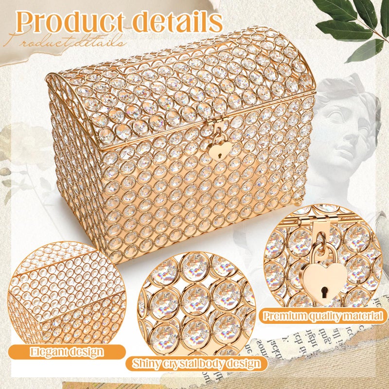 Nitial Crystal Wedding Card Box with Heart Lock 11in Wedding Money Box Treasure Chest Gold Bead Card Receiving Memory Storage for Reception Brithday Graduation Baby Shower Party (Elegant Style) - Image 4