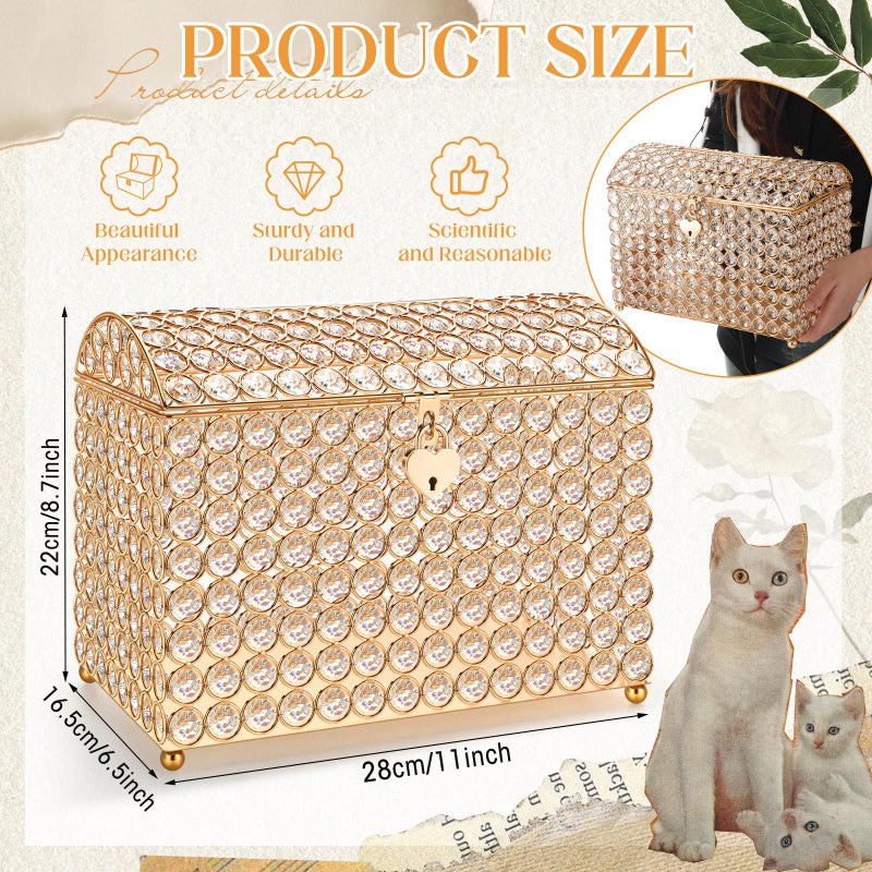 Nitial Crystal Wedding Card Box with Heart Lock 11in Wedding Money Box Treasure Chest Gold Bead Card Receiving Memory Storage for Reception Brithday Graduation Baby Shower Party (Elegant Style) - Image 2