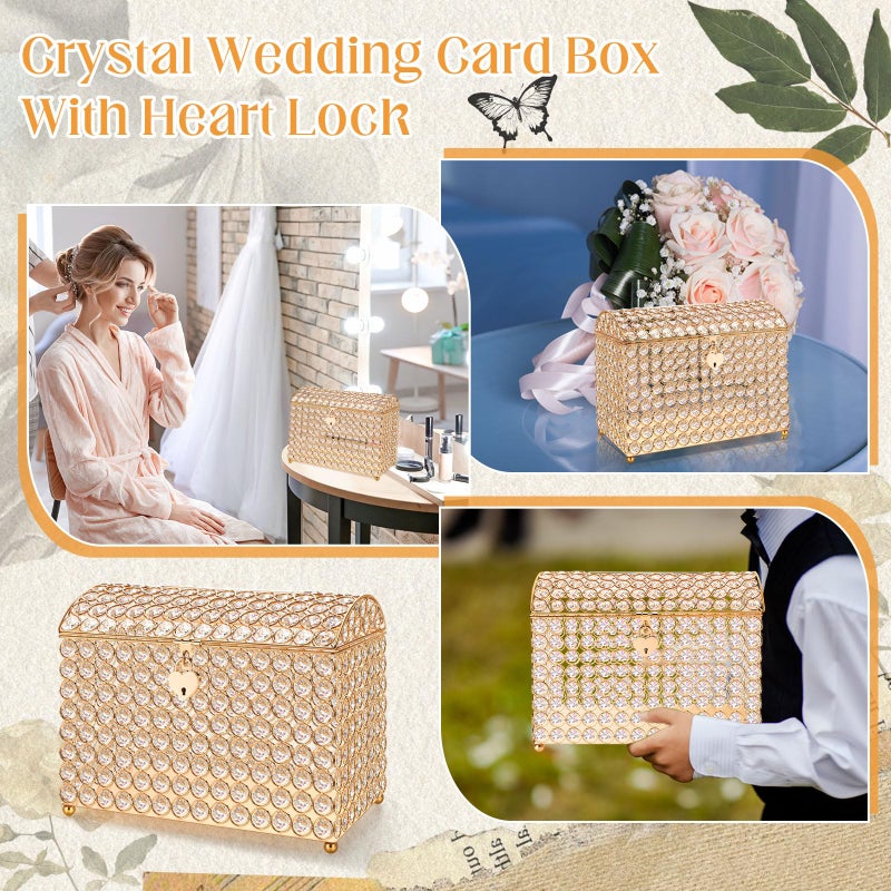 Nitial Crystal Wedding Card Box with Heart Lock 11in Wedding Money Box Treasure Chest Gold Bead Card Receiving Memory Storage for Reception Brithday Graduation Baby Shower Party (Elegant Style) - Image 3