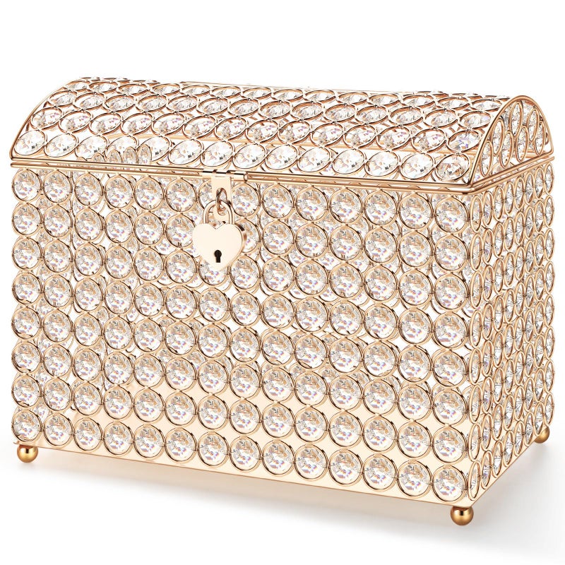 Nitial Crystal Wedding Card Box with Heart Lock 11in Wedding Money Box Treasure Chest Gold Bead Card Receiving Memory Storage for Reception Brithday Graduation Baby Shower Party (Elegant Style) - Image 1