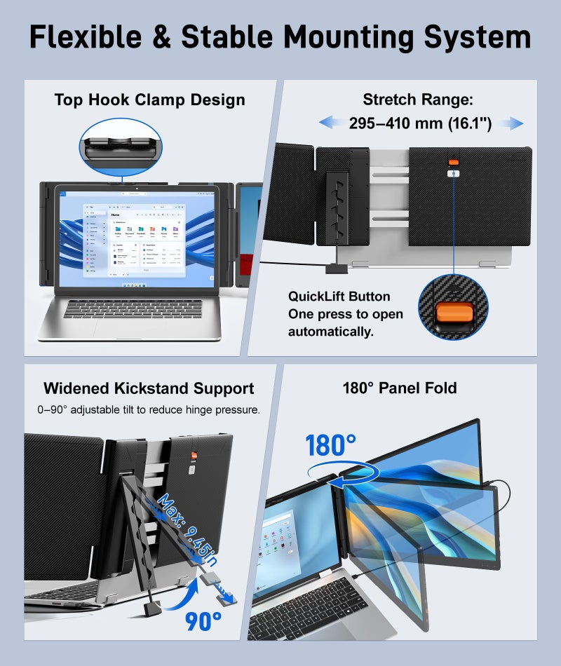 Wixzet Laptop Screen Extender, 14" FHD 1080P IPS Portable Monitor for 13" - 17" Laptops, Plug & Play Screen Extender, Auto Adjust Width Dual Monitor, Compatible with Mac/Wins/Dex/Chrome - Image 4