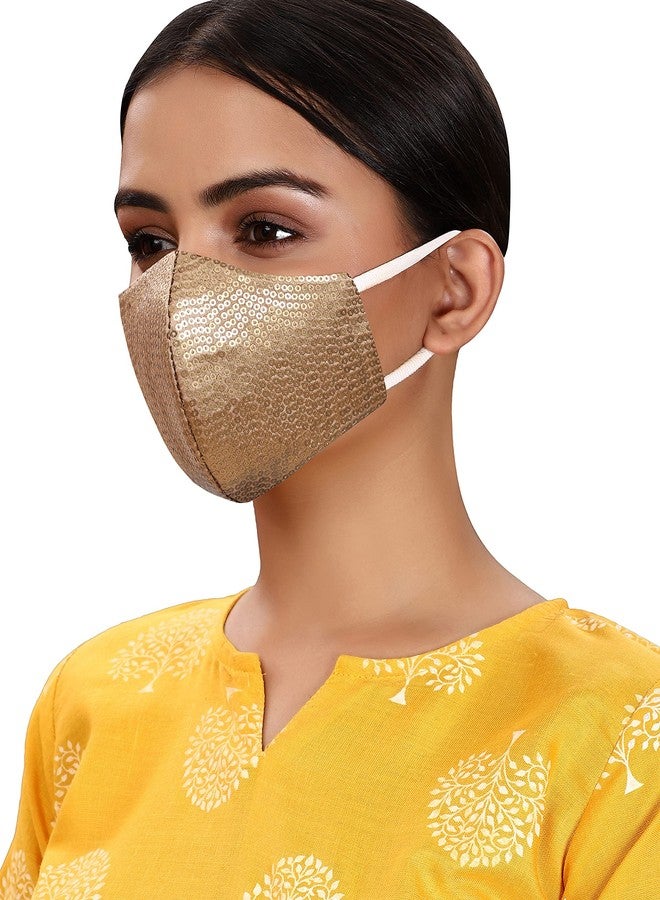 MASQ By Q-One 4 Layer Washable, Reusable, Size Adjustable, Anti-Bacterial (BFE>99%) Embroidered Satin Cloth Face Mask Combo for Women, Girls with Detachable Chain & Mask Bag (Gold, Medium, Pack of 1) - Image 1