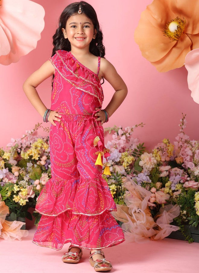 Saka Designs Magenta Bandhani Printed Kurta with Sharara for Girls - Image 1