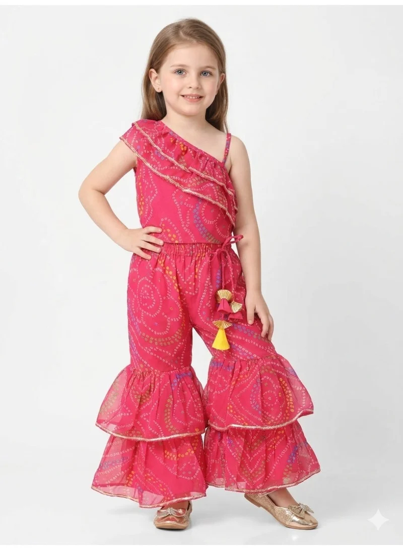 Saka Designs Magenta Bandhani Printed Kurta with Sharara for Girls