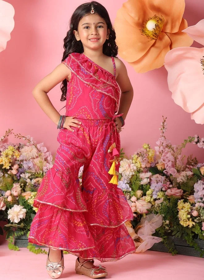 Saka Designs Magenta Bandhani Printed Kurta with Sharara for Girls