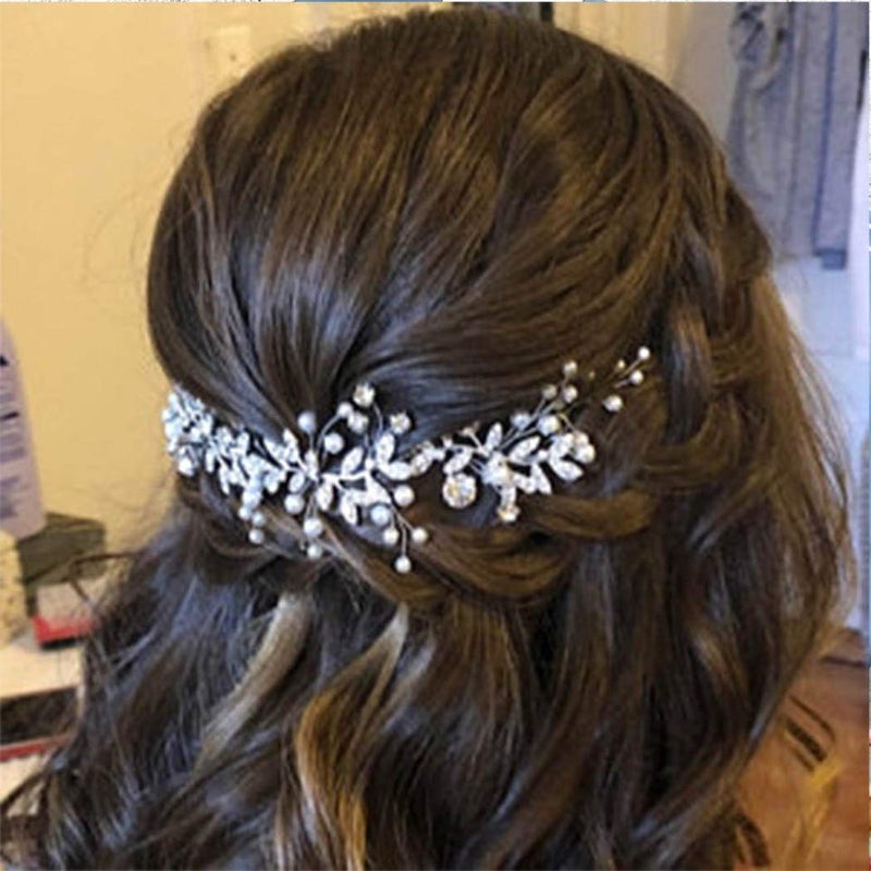 Unsutuo Crystal Bridal Headband Silver Rhinestone Leaves Wedding Hair Vine Pearls Bride Hair Pieces for Women and GirlsSilver