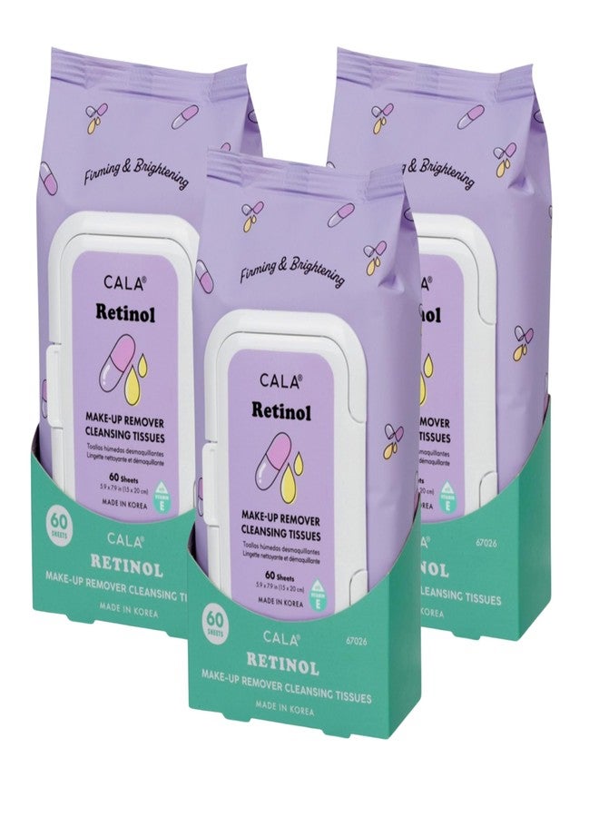 CALA Makeup Remover Cleansing Tissues: Retinol (60 Sheets) - Anti-Aging, Hydrating Wipes for a Smooth, Radiant Complexion, Gentle on All Skin Types (180 count, Retinol, Pack of 3)
