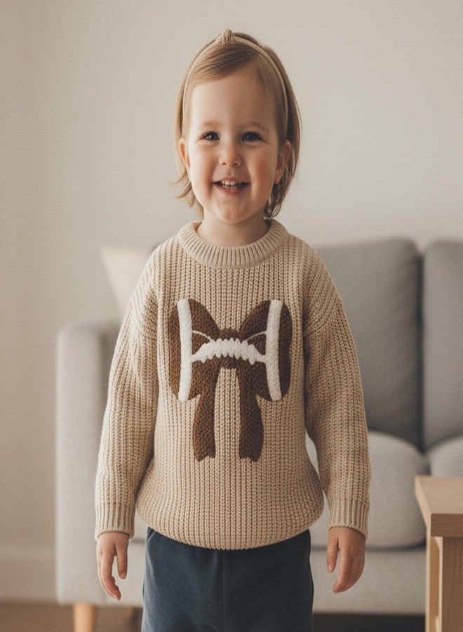 Karuedoo Infant Toddler Baby Girl Football Clothes Football Bow Embroidery Knit Sweater Long Sleeve Knitted Pullover Tops (A-Beige, 3-4 Years) - Image 3