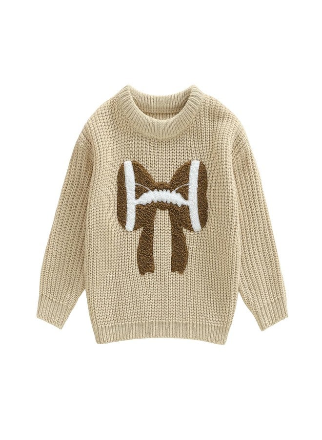 Karuedoo Infant Toddler Baby Girl Football Clothes Football Bow Embroidery Knit Sweater Long Sleeve Knitted Pullover Tops (A-Beige, 3-4 Years) - Image 1
