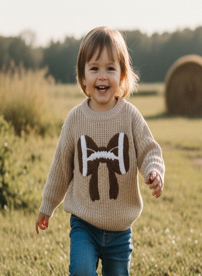 Karuedoo Infant Toddler Baby Girl Football Clothes Football Bow Embroidery Knit Sweater Long Sleeve Knitted Pullover Tops (A-Beige, 3-4 Years) - Image 4