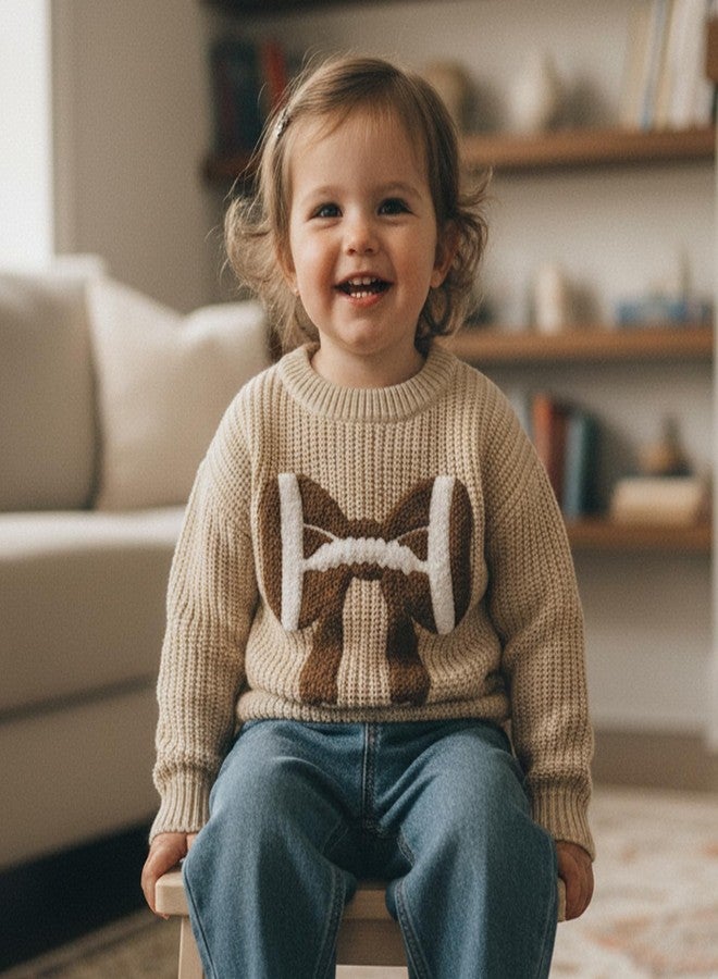 Karuedoo Infant Toddler Baby Girl Football Clothes Football Bow Embroidery Knit Sweater Long Sleeve Knitted Pullover Tops (A-Beige, 3-4 Years) - Image 2