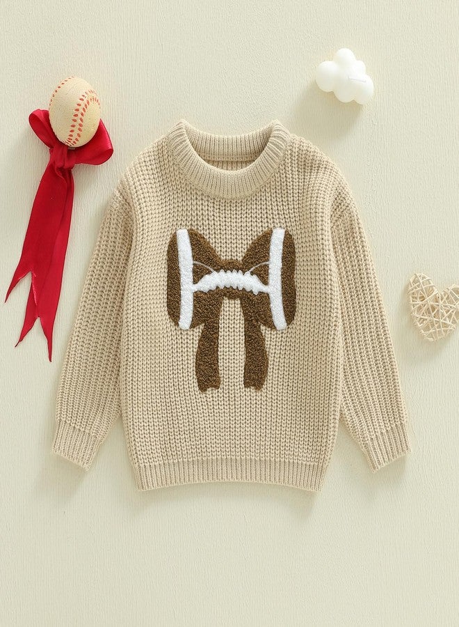 Karuedoo Infant Toddler Baby Girl Football Clothes Football Bow Embroidery Knit Sweater Long Sleeve Knitted Pullover Tops (A-Beige, 3-4 Years) - Image 5