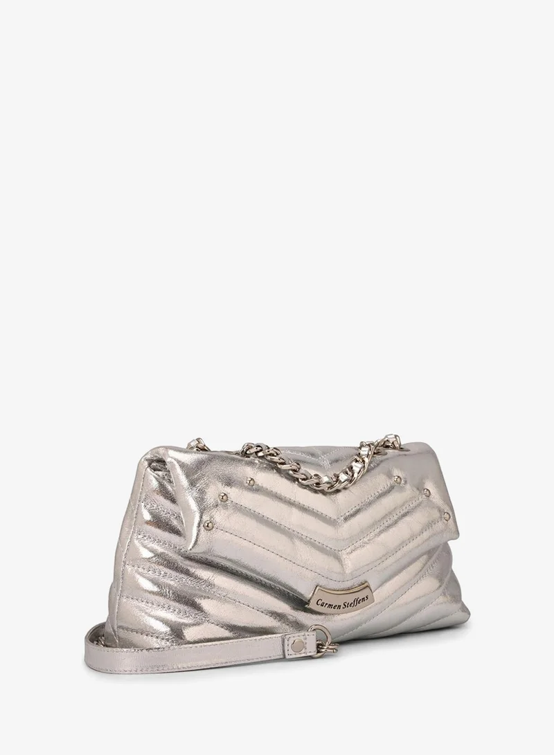 Quilted Silver Leather Bag with Metal Application