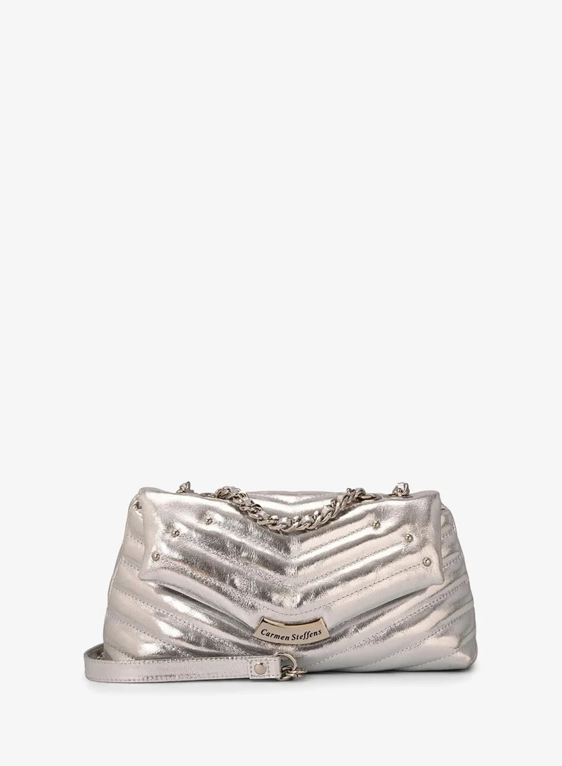 Carmen Steffens Quilted Silver Leather Bag with Metal Application