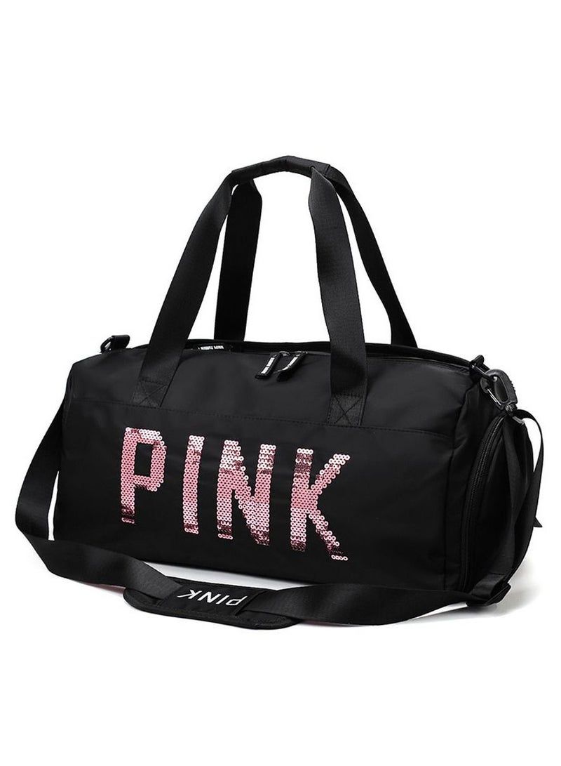PINK New Large Capacity Letter Printed Sequins Duffel Bag Black - Image 1