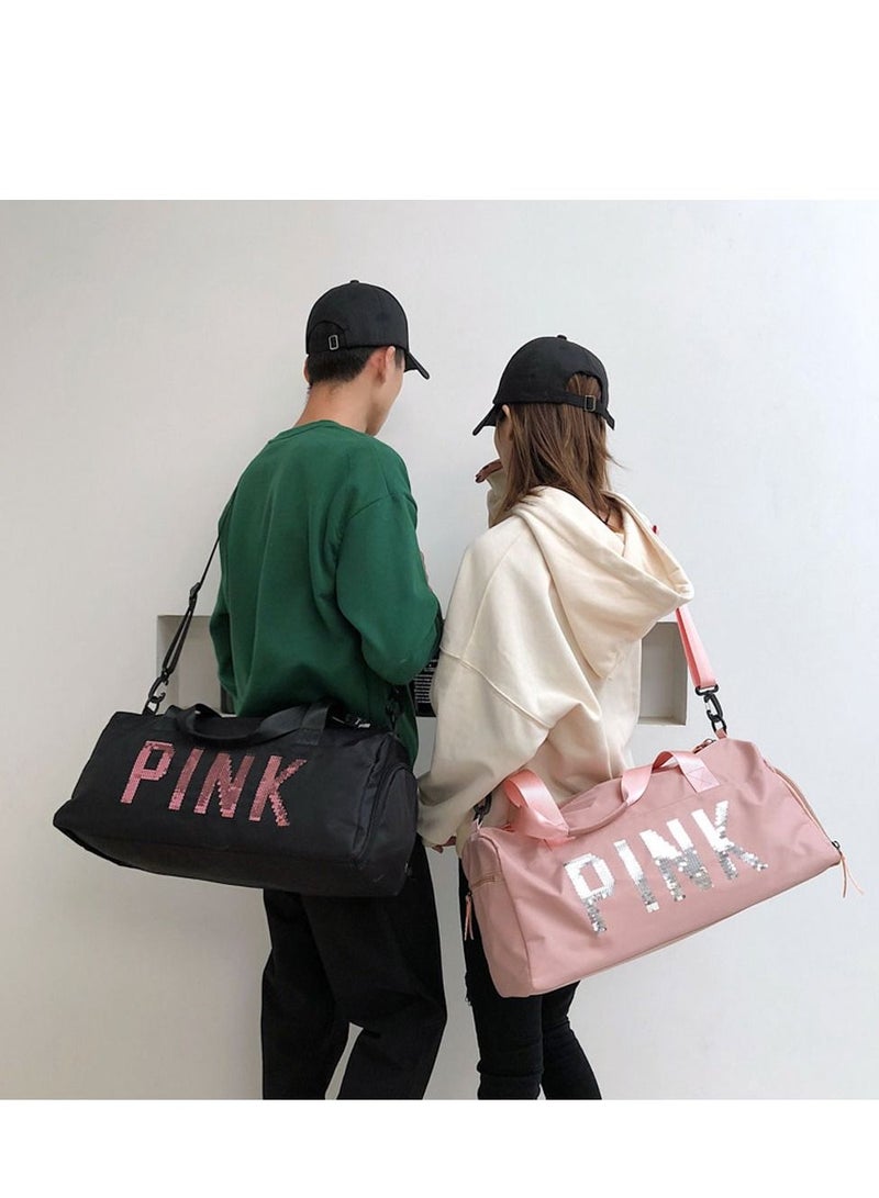 PINK New Large Capacity Letter Printed Sequins Duffel Bag Black - Image 2