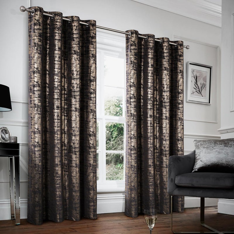always4u 100% Blackout Soft Velvet Curtains for Bedroom Living Room Thermal Energy Saving 95 Inches Long Luxury Gold Foil Print Drapes 2 Panels Black - Image 1