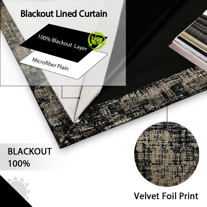 always4u 100% Blackout Soft Velvet Curtains for Bedroom Living Room Thermal Energy Saving 95 Inches Long Luxury Gold Foil Print Drapes 2 Panels Black - Image 3