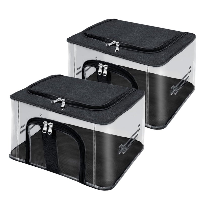 Storite 2 Pack Nylon 33 L PVC Transparent Moisture Proof Storage box for Clothes Closet Wardrobe Organizer Saree Bags for Clothes with Carry Handle Black 44 x 31 x 24 cm - Image 1