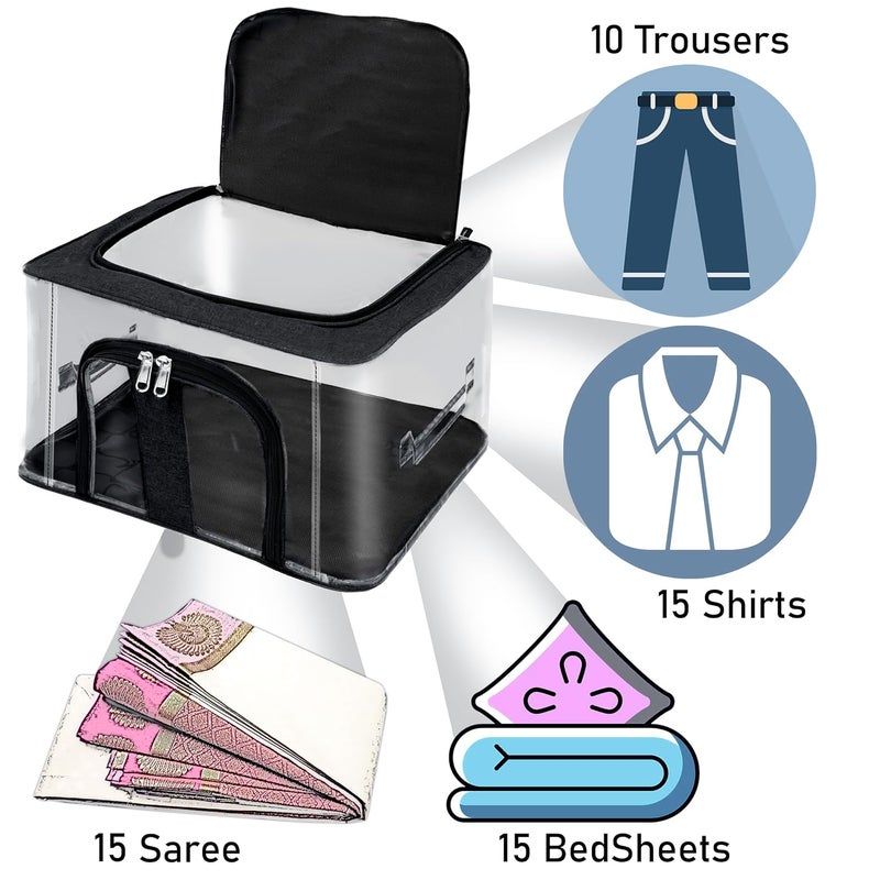 Storite 2 Pack Nylon 33 L PVC Transparent Moisture Proof Storage box for Clothes Closet Wardrobe Organizer Saree Bags for Clothes with Carry Handle Black 44 x 31 x 24 cm - Image 4
