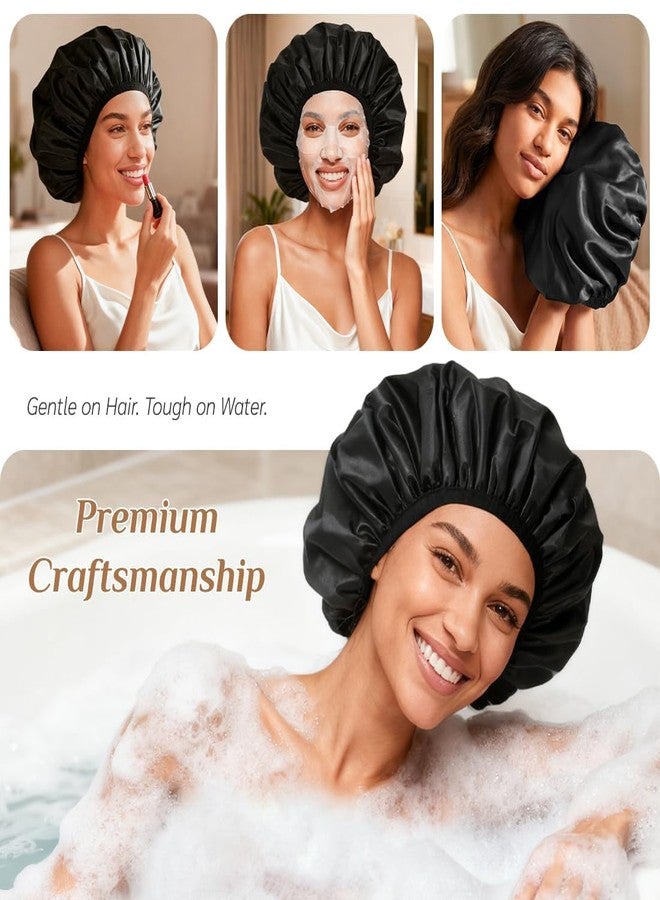Supaze Extra Large Waterproof Shower Cap for Women, Double Layer Satin Lined Hair Bonnet for Curly Hair, Reusable Bath Cap with Elastic Edge for Long Thick Hair (Black) - Image 4