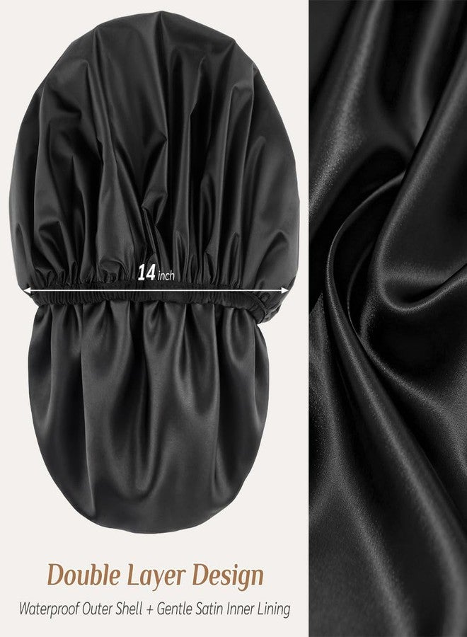 Supaze Extra Large Waterproof Shower Cap for Women, Double Layer Satin Lined Hair Bonnet for Curly Hair, Reusable Bath Cap with Elastic Edge for Long Thick Hair (Black) - Image 3