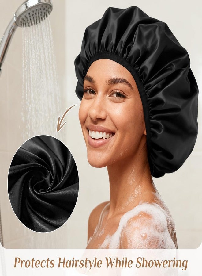 Supaze Extra Large Waterproof Shower Cap for Women, Double Layer Satin Lined Hair Bonnet for Curly Hair, Reusable Bath Cap with Elastic Edge for Long Thick Hair (Black) - Image 2