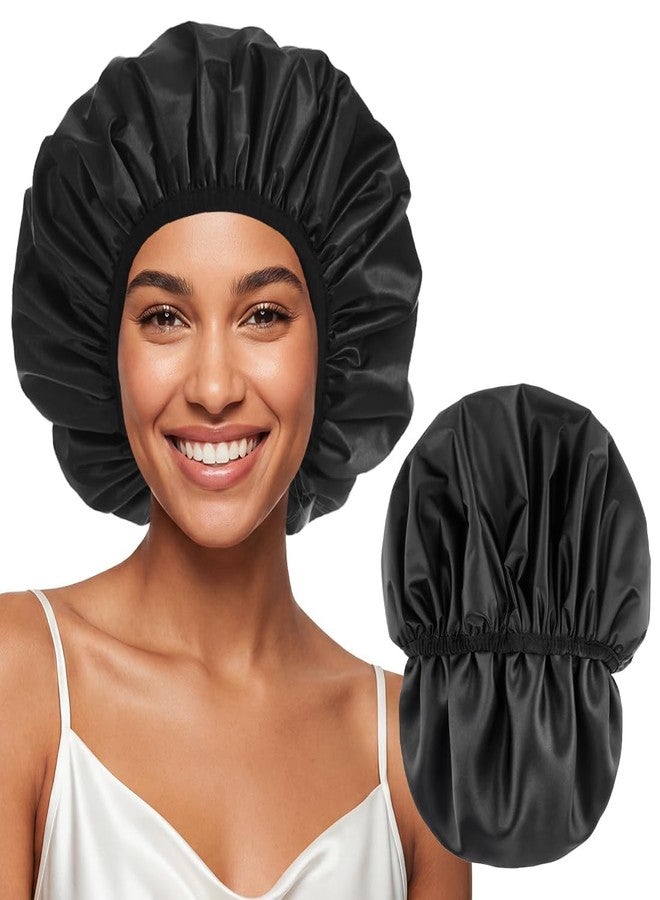 Supaze Extra Large Waterproof Shower Cap for Women, Double Layer Satin Lined Hair Bonnet for Curly Hair, Reusable Bath Cap with Elastic Edge for Long Thick Hair (Black) - Image 1