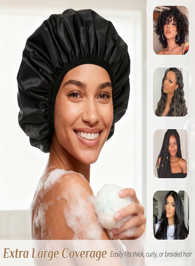 Supaze Extra Large Waterproof Shower Cap for Women, Double Layer Satin Lined Hair Bonnet for Curly Hair, Reusable Bath Cap with Elastic Edge for Long Thick Hair (Black) - Image 5