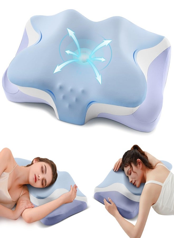 Silkena Cervical Pillow for Neck Pain Relief - Cooling Ergonomic Memory Foam Pillows for Sleeping, Contour Neck Support Pillow for Side, Back, Stomach Sleepers with Anti-pilling Pillowcase Queen Size-Ice Blue - Image 1