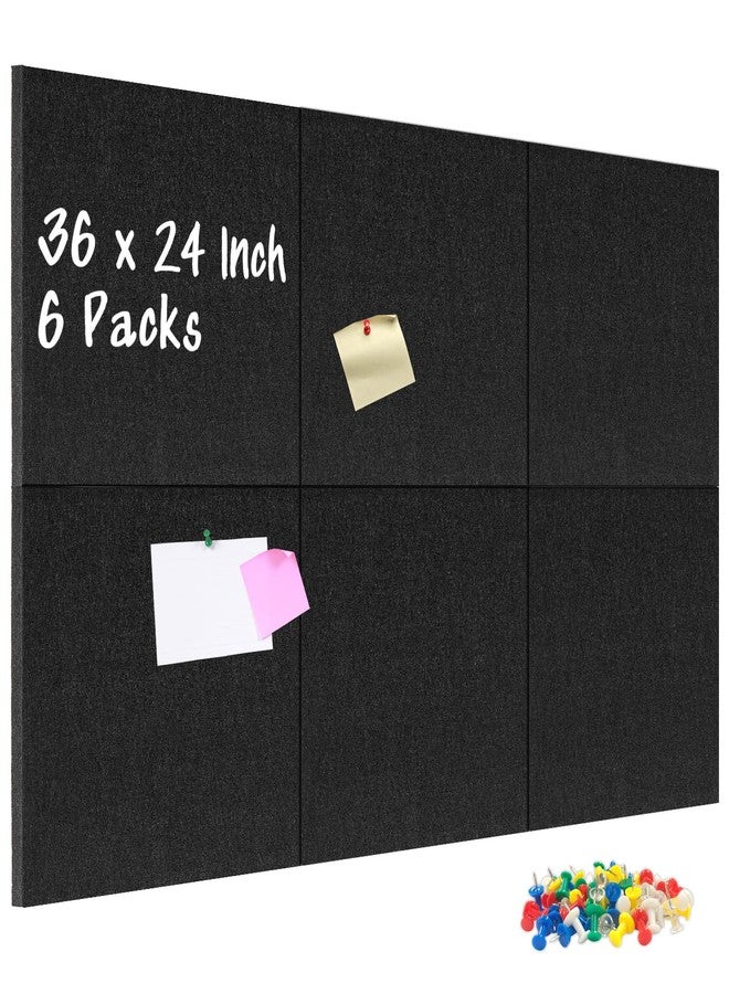 DOLLAR BOSS Felt Cork Board Tiles, 6 Packs 12" x 12" 1/2" Thick Cork Bulletin Board Self Adhesive Acoustic Panels Soundproof Corkboards for Walls with 60 Pushpins for Home Office Kitchen School, Black - Image 1