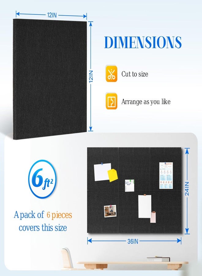 DOLLAR BOSS Felt Cork Board Tiles, 6 Packs 12" x 12" 1/2" Thick Cork Bulletin Board Self Adhesive Acoustic Panels Soundproof Corkboards for Walls with 60 Pushpins for Home Office Kitchen School, Black - Image 2