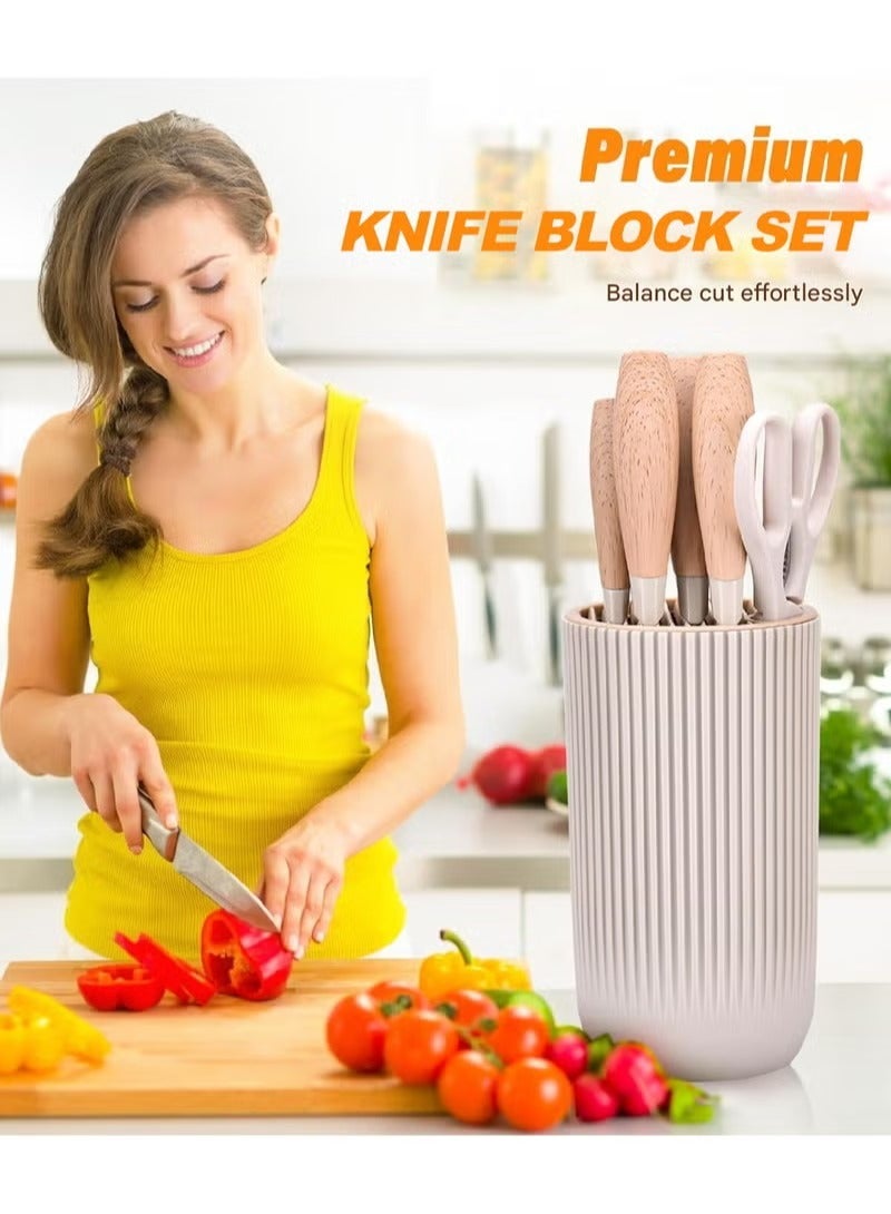 HIAS Premium 6-Piece Kitchen Knife Set with Universal Block - Ultra-Sharp Stainless Steel Chef Knives, Non-Stick & Non-Slip Ergonomic Handles for Home & Professional Use (Light Brown) - Image 5