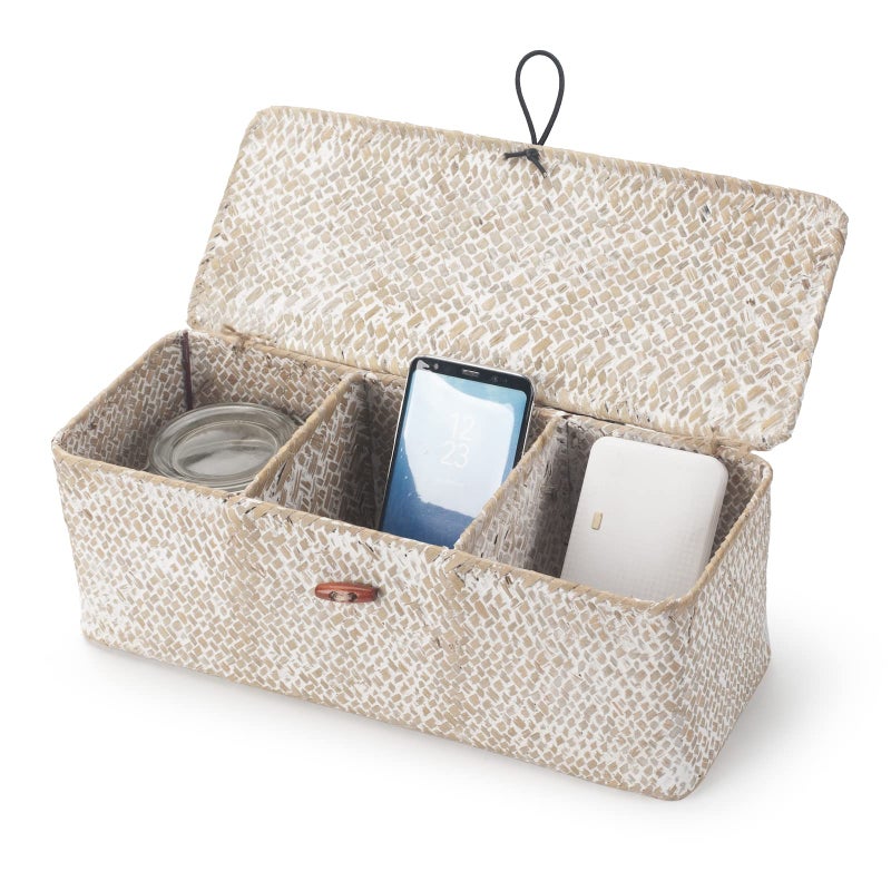 DECRAFTS Seagrass Storage Basket with Lid Rectangular Small Woven Shelf Baskets with Sections for Organize Snack Toys Whitewash - Image 3