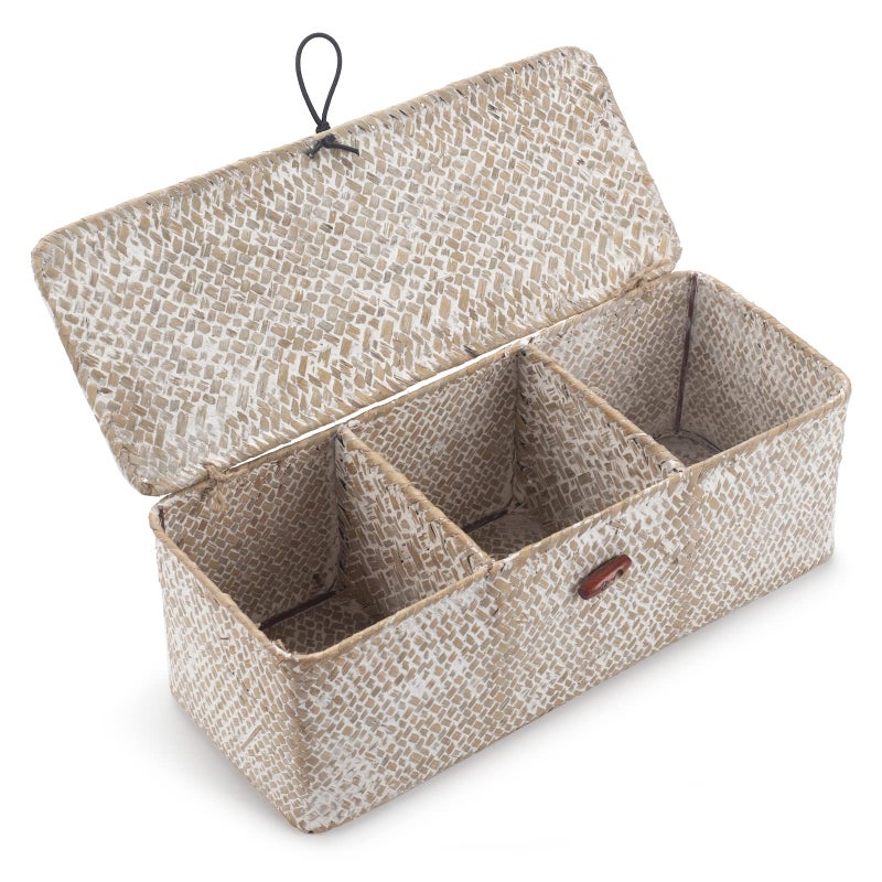 DECRAFTS Seagrass Storage Basket with Lid Rectangular Small Woven Shelf Baskets with Sections for Organize Snack Toys Whitewash - Image 1