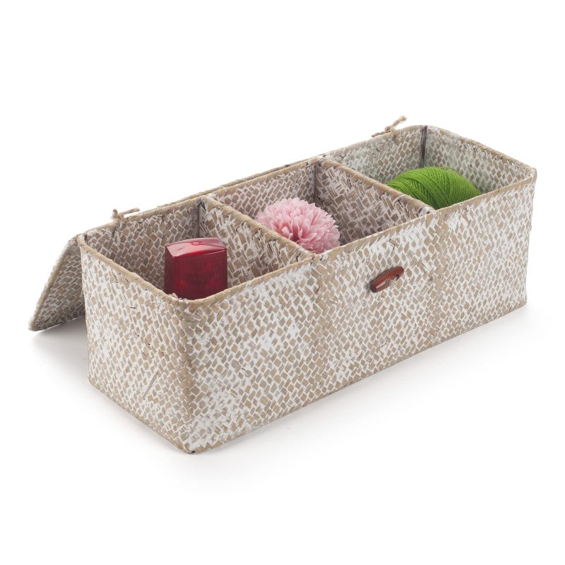 DECRAFTS Seagrass Storage Basket with Lid Rectangular Small Woven Shelf Baskets with Sections for Organize Snack Toys Whitewash - Image 2