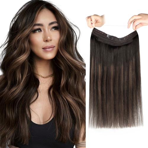 Sassina Invisible Wire Hair Extensions Real Human Hair with Transparent Wire Adjustable Size Secure Clips Natural Straight Secret Miracle Hairpiece Rooted Highlight RP226 12 Inch 70 Gram - Image 1