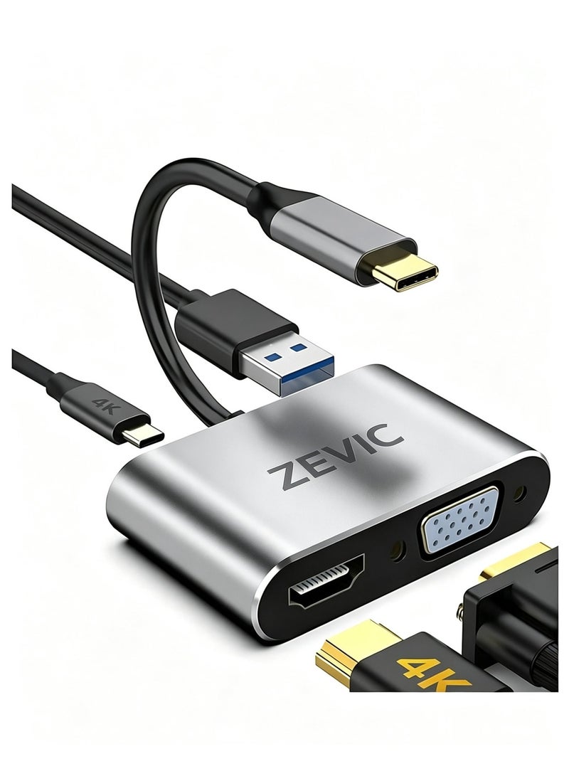 ZEVIC 4 in 1 USB C HUB Docking Station, Type C Adapter to 4K HDTV VGA, USB 3.0 PD Fast Charge Splitter for MacBook Notebook Laptop Computer - Image 1