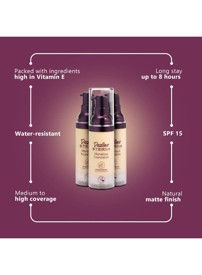 دازلير كريم أساس دازلر إيتيرنا مارفيلوس، 30 مل، لون داكن MF1، لمسة نهائية طبيعية غير لامعة، حماية من الشمس SPF 15، يدوم حتى 8 ساعات، مقاوم للماء، تغطية متوسطة إلى عالية - Image 4
