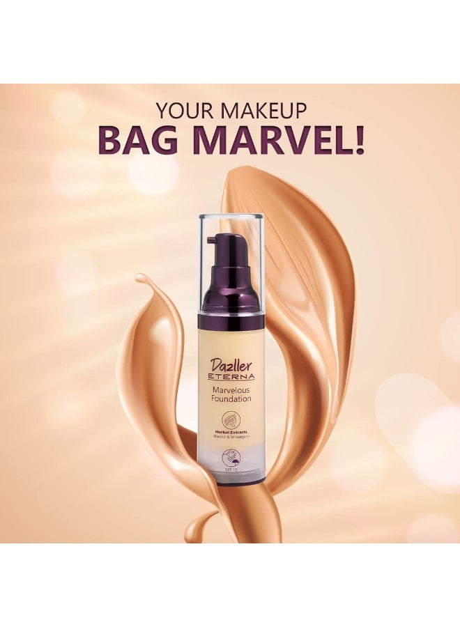 دازلير كريم أساس دازلر إيتيرنا مارفيلوس، 30 مل، لون داكن MF1، لمسة نهائية طبيعية غير لامعة، حماية من الشمس SPF 15، يدوم حتى 8 ساعات، مقاوم للماء، تغطية متوسطة إلى عالية - Image 3