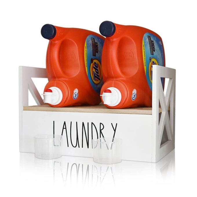 DETERGENT HOLDER FOR LAUNDRY ROOM FARMHOUSE DISPENSER LIQUID SOAP STORAGE ORGANIZATION STAND WITH DRIP CATCHER TRAY AND MEASURING CUP LAUNDRY STATION ORGANIZER WHITE