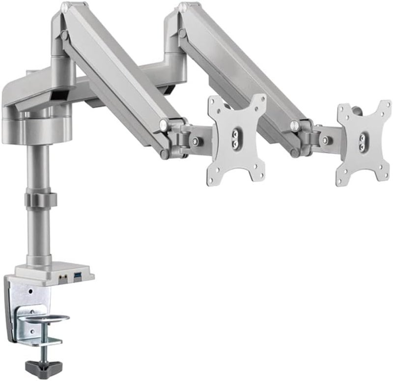 ON GGO-2076 Pole-Mounted Gas Spring Aluminum Dual Monitor Arm, Stand And Mount For Gaming And Office Use, 17" - 32", With USB Port Each, Arm Up To 9 KG, Silver