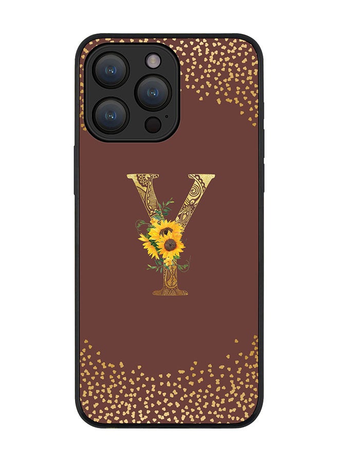 Stylizedd Cover for iPhone 15 Pro Case Rugged Black Slim fit Flexible Protective Phone CasesCustom Monogram Initial Letter Floral Pattern Alphabet - Y (Brown) - Image 1
