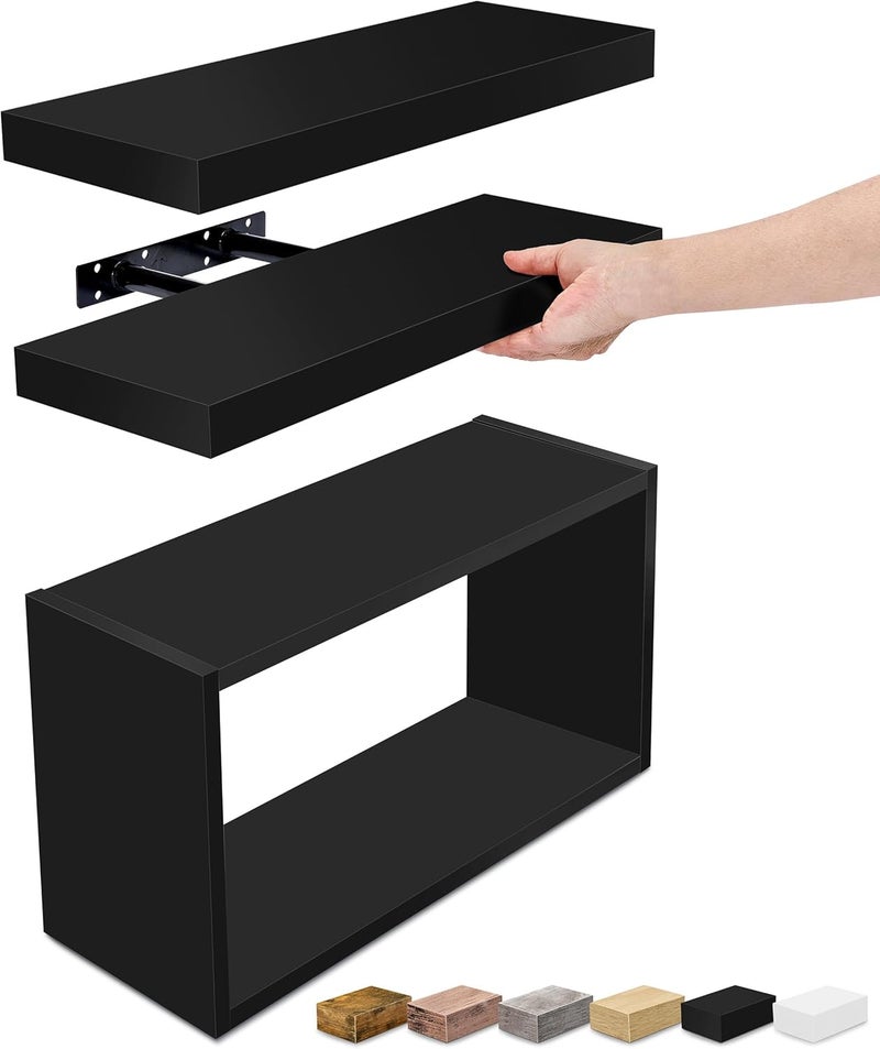 Sorbus Floating Shelves for Wall Set of 3 - Bathroom Shelves for Wall Storage, Over Toilet, Bedroom, Farmhouse, Decor - 2 Floating Shelves with Invisible Brackets & 1 Rectangular Box, Black - Image 1