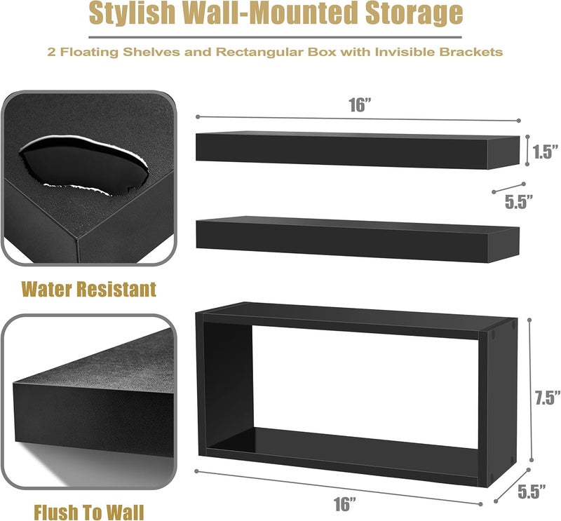 Sorbus Floating Shelves for Wall Set of 3 - Bathroom Shelves for Wall Storage, Over Toilet, Bedroom, Farmhouse, Decor - 2 Floating Shelves with Invisible Brackets & 1 Rectangular Box, Black - Image 3