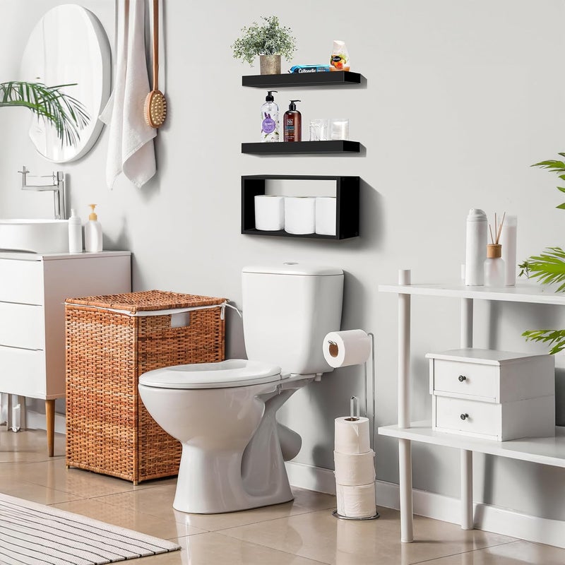 Sorbus Floating Shelves for Wall Set of 3 - Bathroom Shelves for Wall Storage, Over Toilet, Bedroom, Farmhouse, Decor - 2 Floating Shelves with Invisible Brackets & 1 Rectangular Box, Black - Image 2
