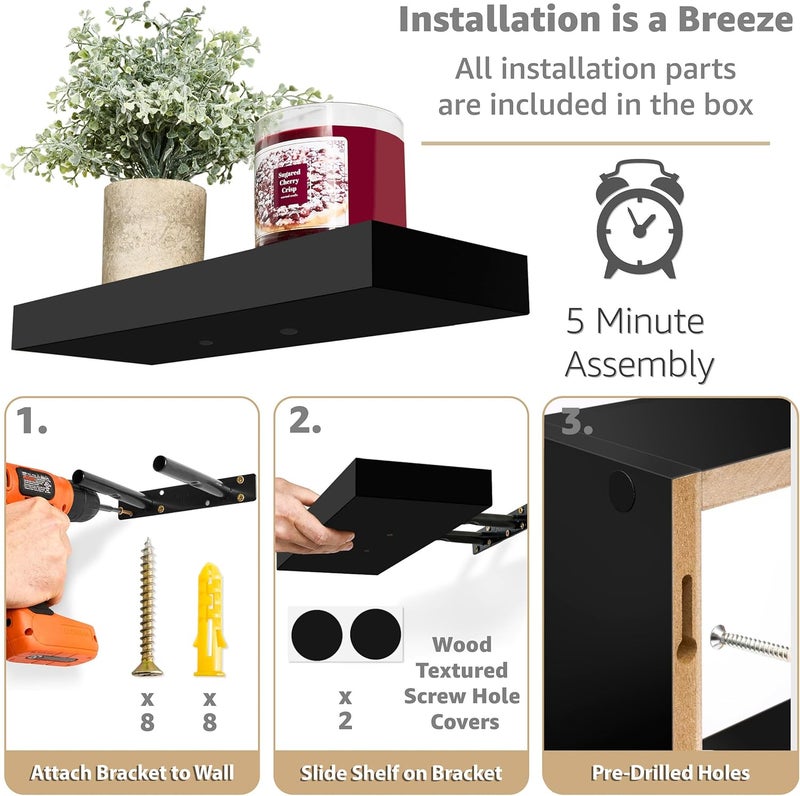 Sorbus Floating Shelves for Wall Set of 3 - Bathroom Shelves for Wall Storage, Over Toilet, Bedroom, Farmhouse, Decor - 2 Floating Shelves with Invisible Brackets & 1 Rectangular Box, Black - Image 4