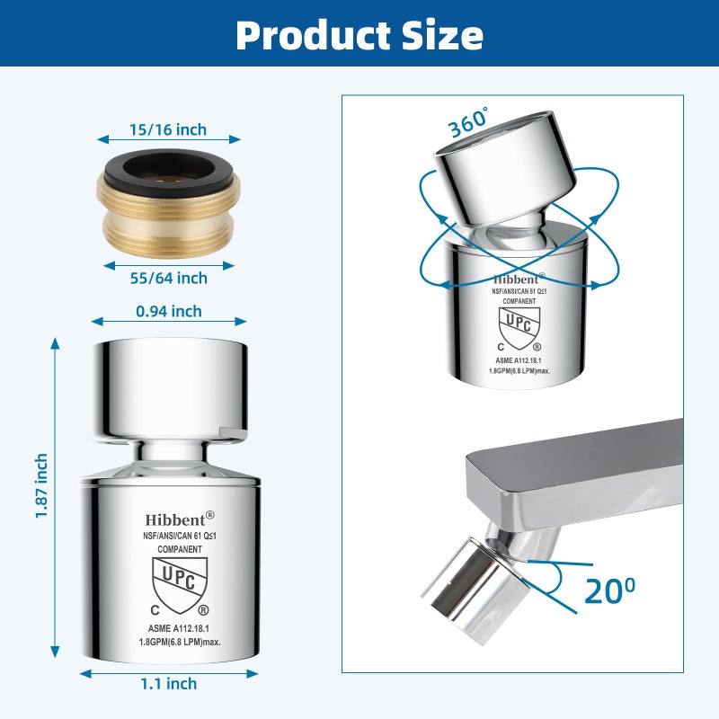 Hibbent NSF/ANSI/CAN 61 Certified Faucet Aerator, CUPC Certification 360Â° Swivel Kitchen Sink Aerator, Dual-function Sprayer Faucet Head, Faucet Replacement Part 55/64 Inch Female Thread - Chrome - Image 5