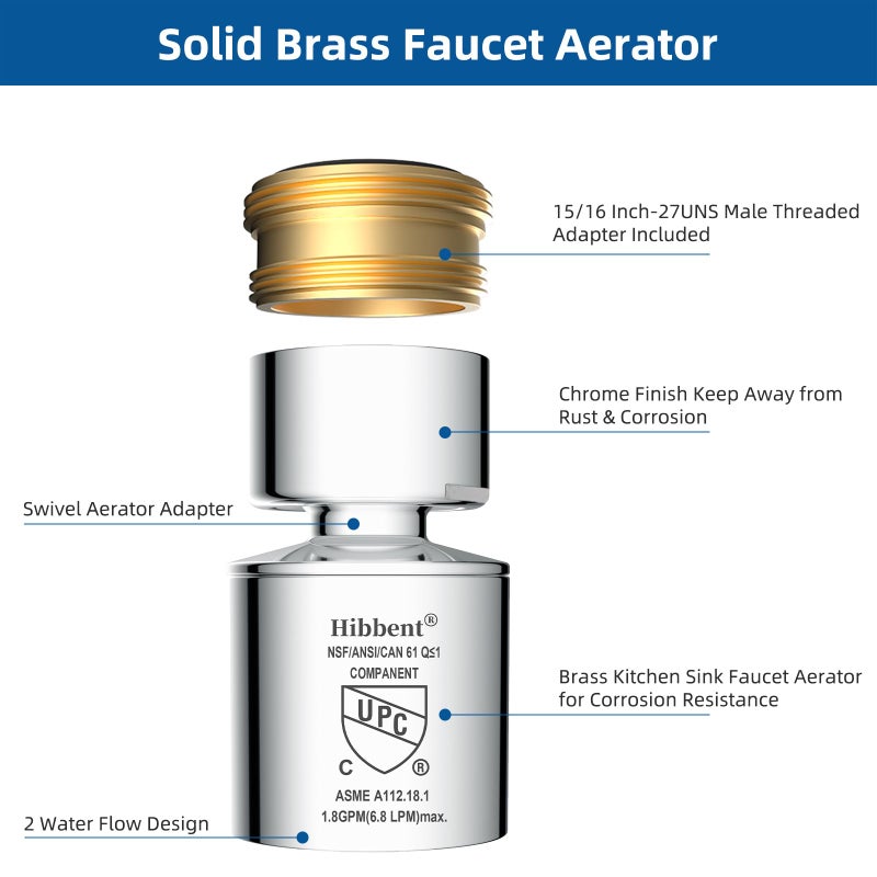Hibbent NSF/ANSI/CAN 61 Certified Faucet Aerator, CUPC Certification 360Â° Swivel Kitchen Sink Aerator, Dual-function Sprayer Faucet Head, Faucet Replacement Part 55/64 Inch Female Thread - Chrome - Image 4